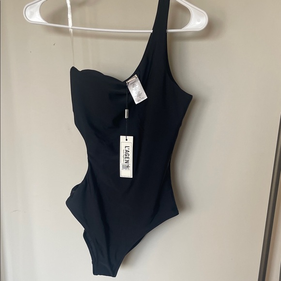 L'AGENCE Black One-Shoulder Swimsuit with Gold Chain - Picture 4 of 6